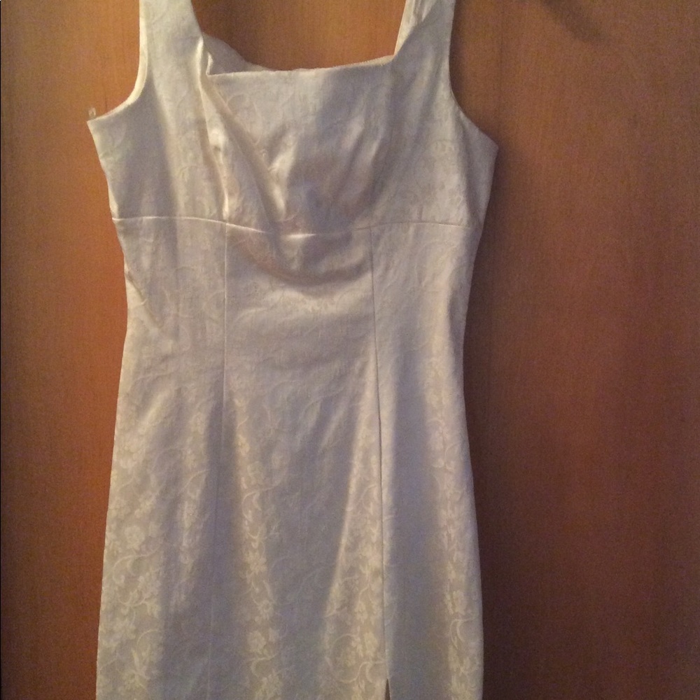 White brocade empire mini dress w/side slit.